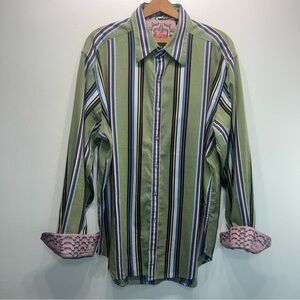 Robert Graham Shirt Mens XL Long Sleeve Button Vertical Stripes Contrast Cuff